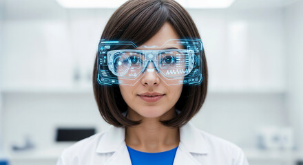 A female doctor or medical researcher, dressed in a pristine white lab coat and stylish smart glasses, interacts with an advanced holographic digital interface in a modern