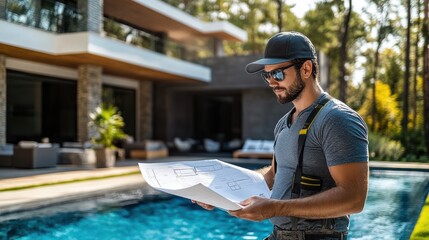 Architect reviewing home design blueprint near modern villa's swimming pool