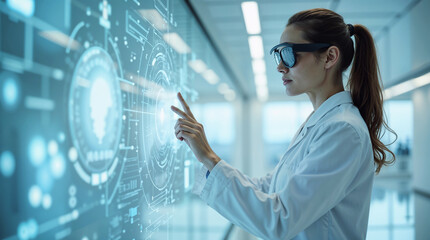 A female doctor or medical researcher, dressed in a pristine white lab coat and stylish smart glasses, interacts with an advanced holographic digital interface in a modern