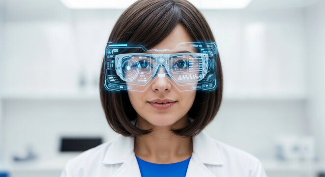 A female doctor or medical researcher, dressed in a pristine white lab coat and stylish smart glasses, interacts with an advanced holographic digital interface in a modern