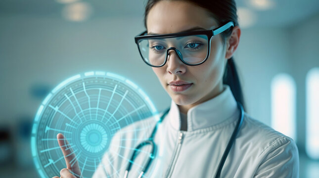 A female doctor or medical researcher, dressed in a pristine white lab coat and stylish smart glasses, interacts with an advanced holographic digital interface in a modern - Powered by Adobe