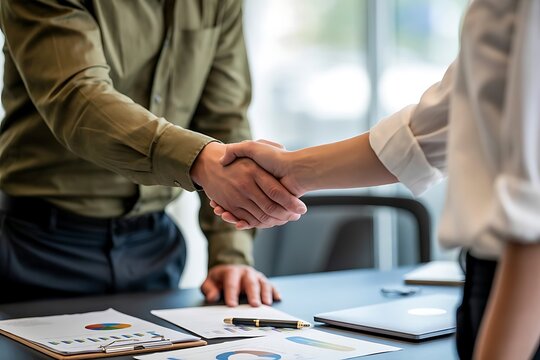 Two business professionals shaking hands over a table with financial reports and a laptop symbolizing a successful deal or partnership agreement