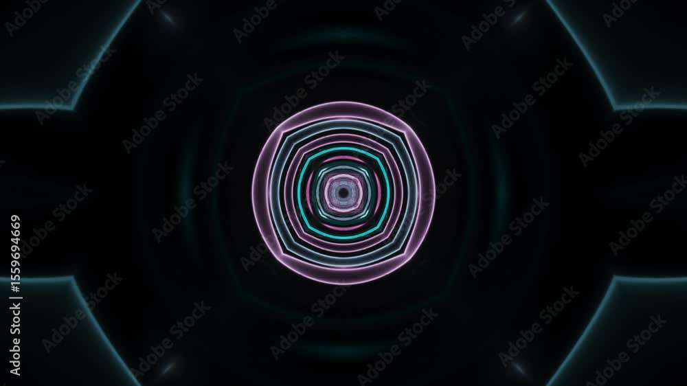 Poster glowing neon kaleidoscope lines animated loop. seamless loop of symmetrical neon lines forming dynam
