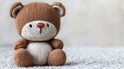 Adorable Knitted Brown Teddy Bear Toy Sitting on Soft Blanket Nursery Decor