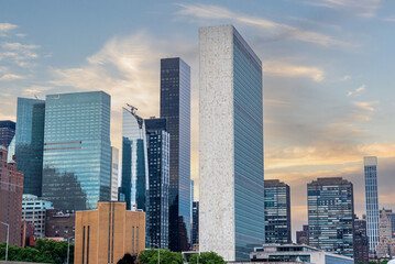 NYC, New York State, United States of America. Buildings in Turtle Bay, Manhattan, during sunset,...