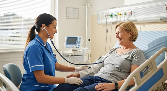 Caring Nurse Taking Vital Signs of a Patient in a Hospital Room