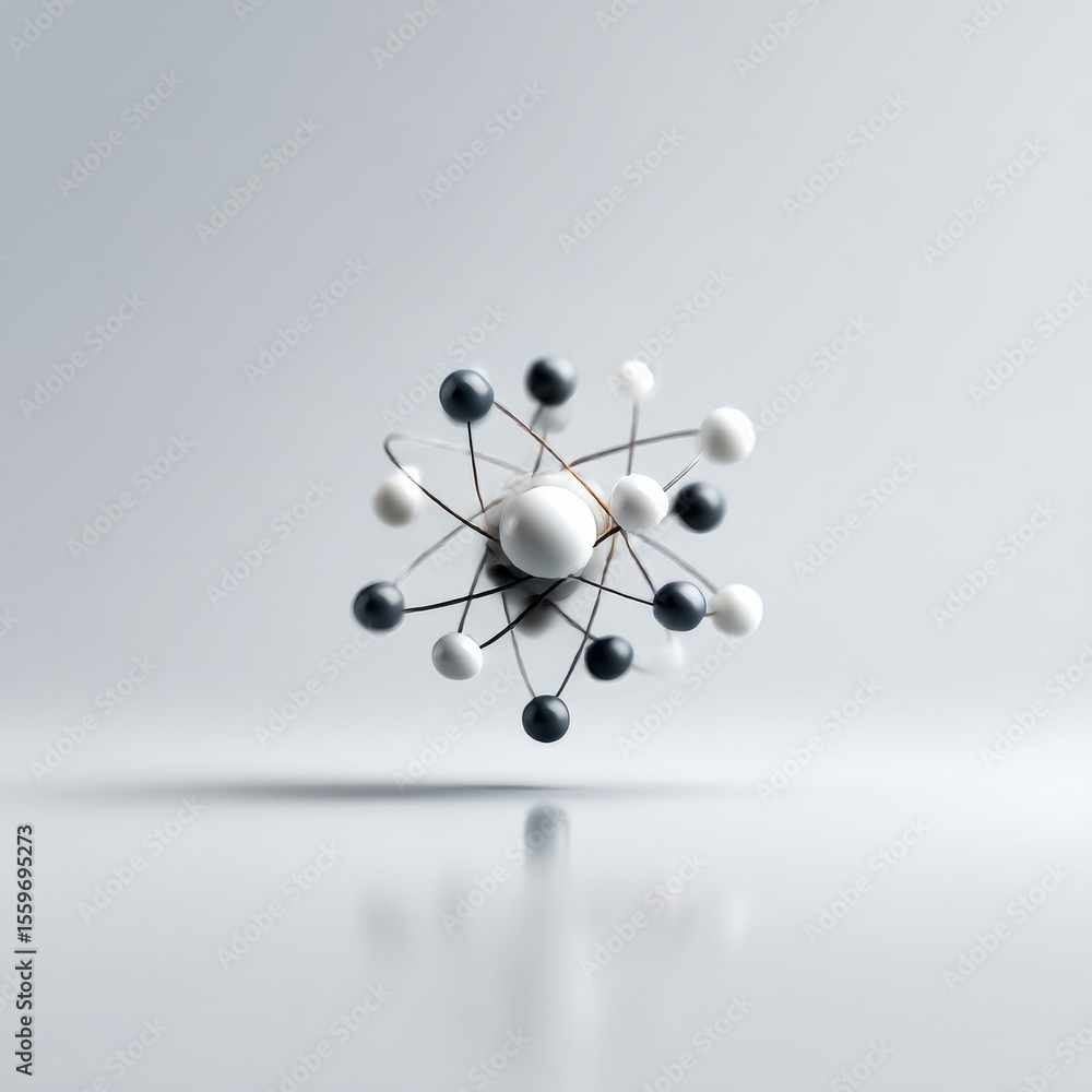 Poster Abstract Atom Model with Spheres in White and Gray on a Light Background, Illustrating Science and Connectivity