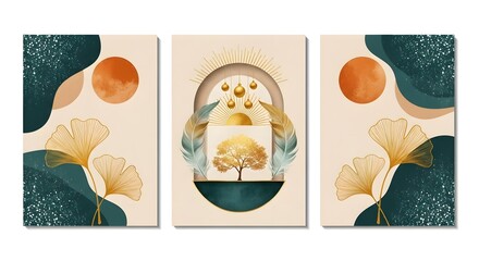 Modern abstract art deco design with ginkgo leaves sun tree and feathers minimalist wall art