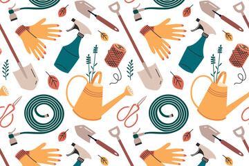 Flat cartoon vector illustration pattern with gardening tools and accessories. Seamless design for planting, farming, backyard work, outdoor activity, garden care products, watering can and shovel