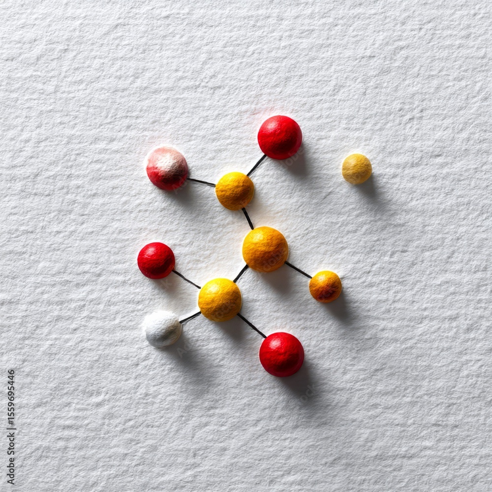 Poster abstract molecular structure on textured white background, depicting connectivity and science