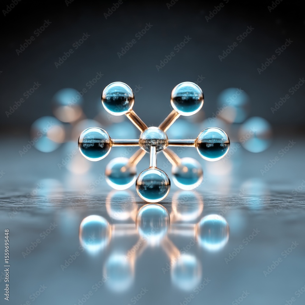 Poster abstract molecular structure with reflective spheres and golden rods, a science concept visualizatio