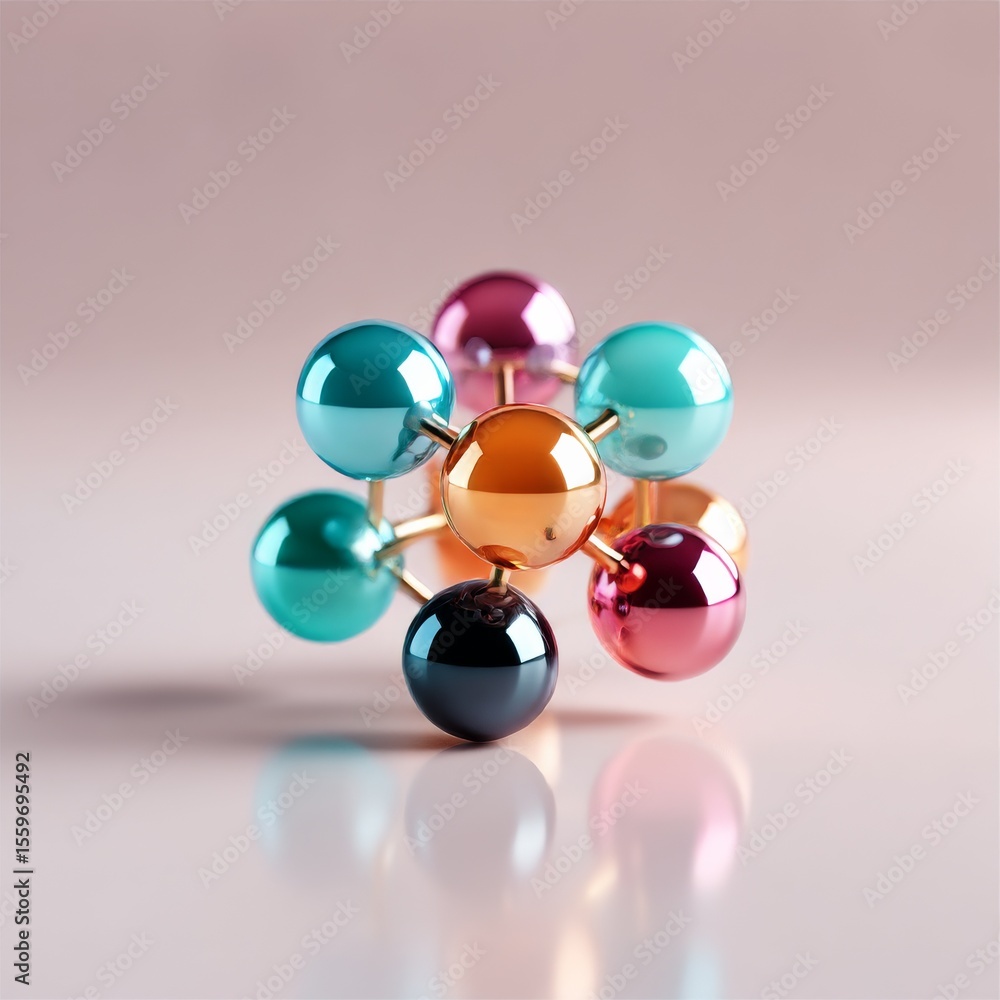 Poster abstract molecule structure with colorful spheres and gold connections, minimalist design