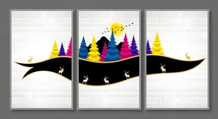 Colorful winter forest landscape with deer and birds framed wall art triptych painting