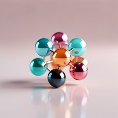Abstract Molecule Structure with Colorful Spheres and Gold Connections, Minimalist Design