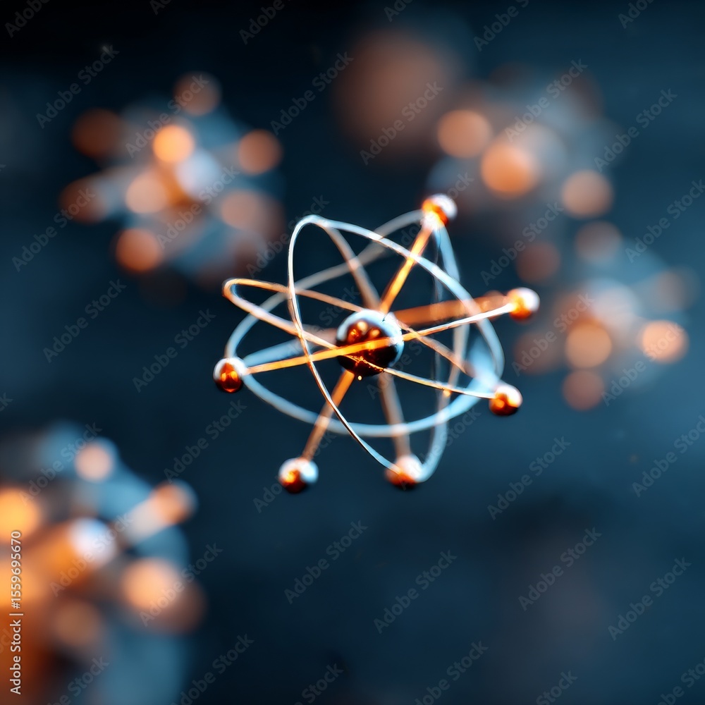 Poster atomic model: conceptual representation of an atom with orbiting electrons and dark background.