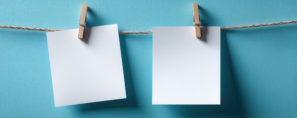 Minimalist notepad and paper pinned with wooden clips on textured blue background