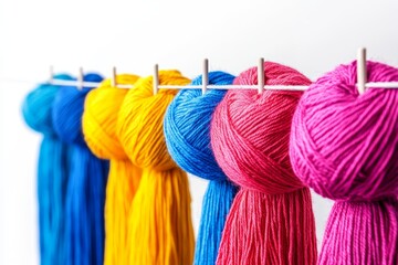 Colorful Yarn Balls Hanging on Clothesline Craft Supplies Knitting Crochet DIY Projects
