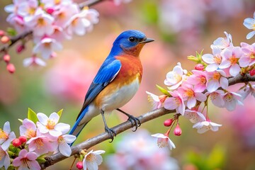 A vibrant bluebird perches on a branch adorned with delicate pink cherry blossoms in the springtime