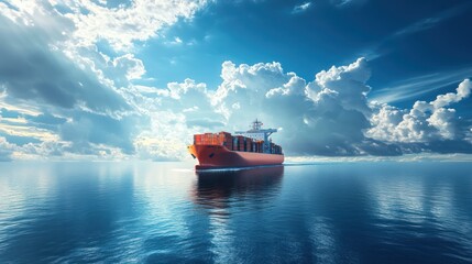 Cargo Container Ship at Sea Under Dramatic Sky, Logistics and Global Trade
