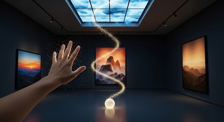 Hand reaching toward glowing orb in art gallery with landscape paintings and skylight above it all