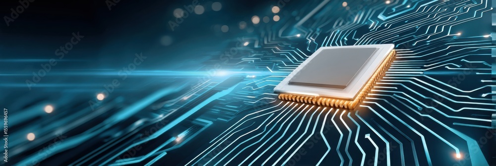 Aufkleber advanced microchip on a glowing printed circuit board background with blue tones