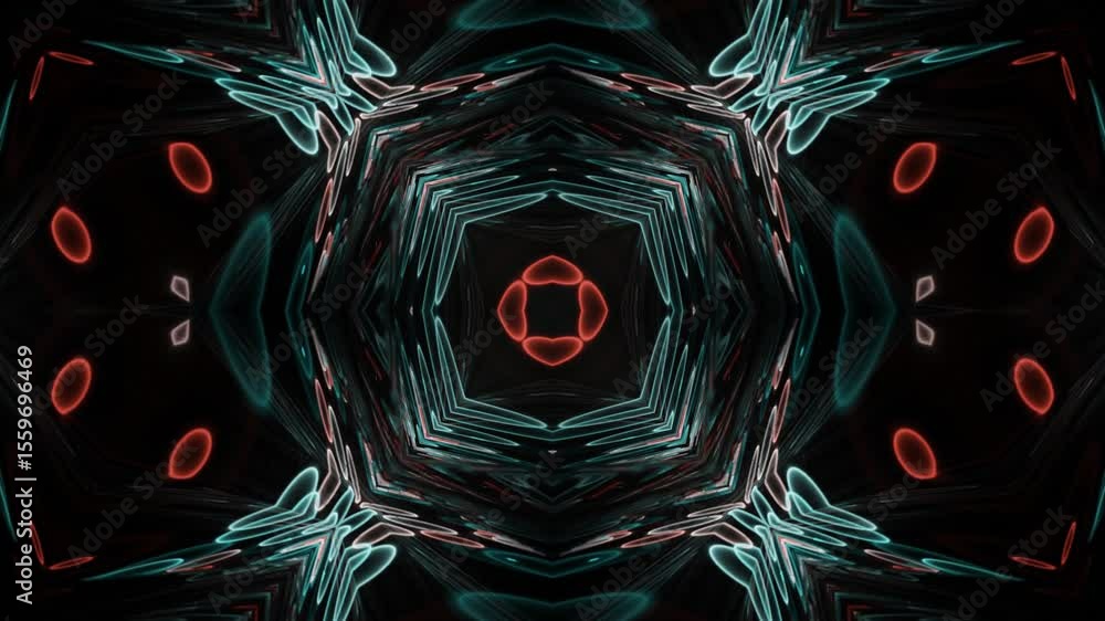 Poster abstract neon kaleidoscope motion with central symmetry. glowing neon lines in continuous loop formi