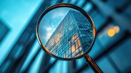 Skyscraper vision through the magnifying glass, modern architecture concept