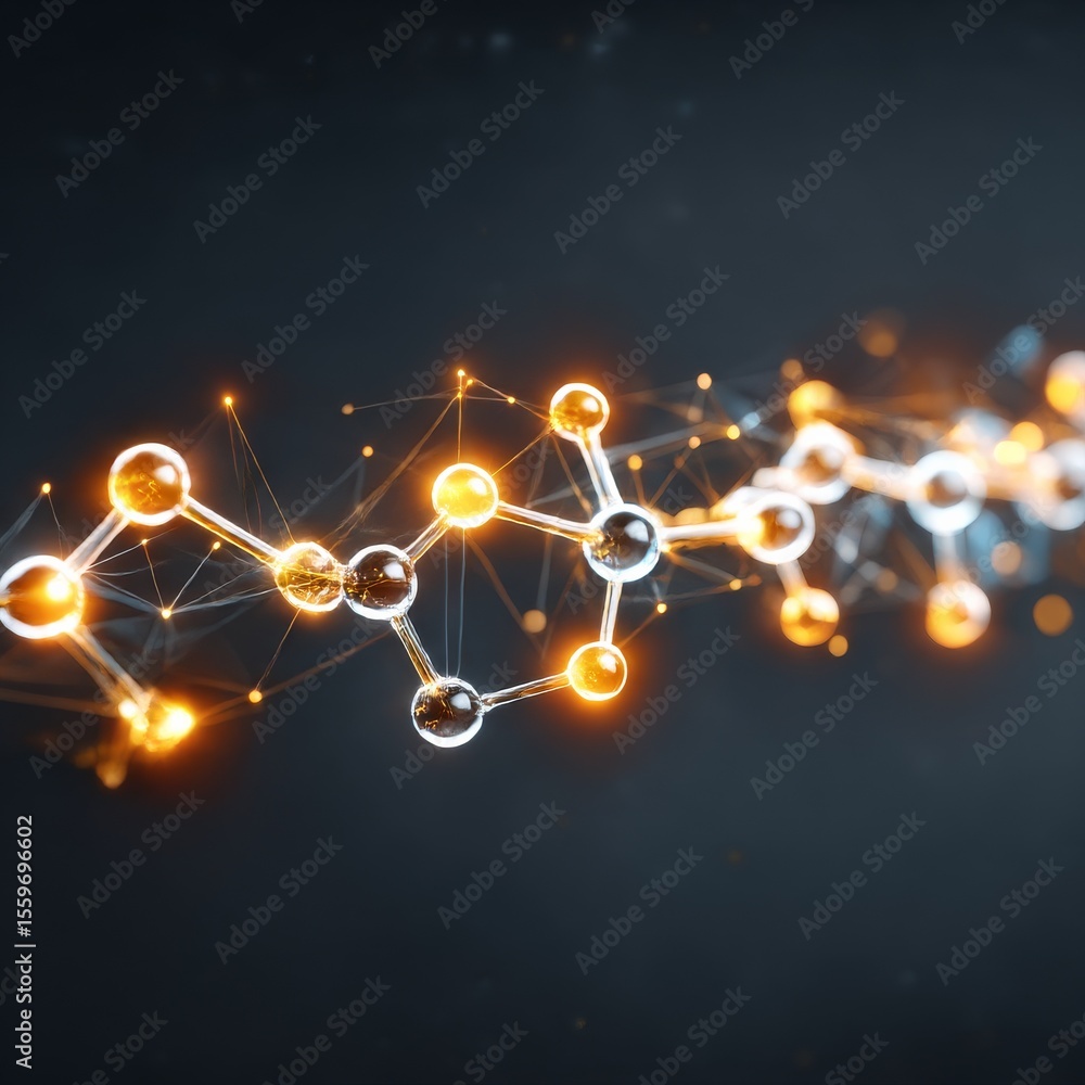 Poster Glowing Abstract Molecular Structure with Interconnected Spheres and Lines in D Rendering