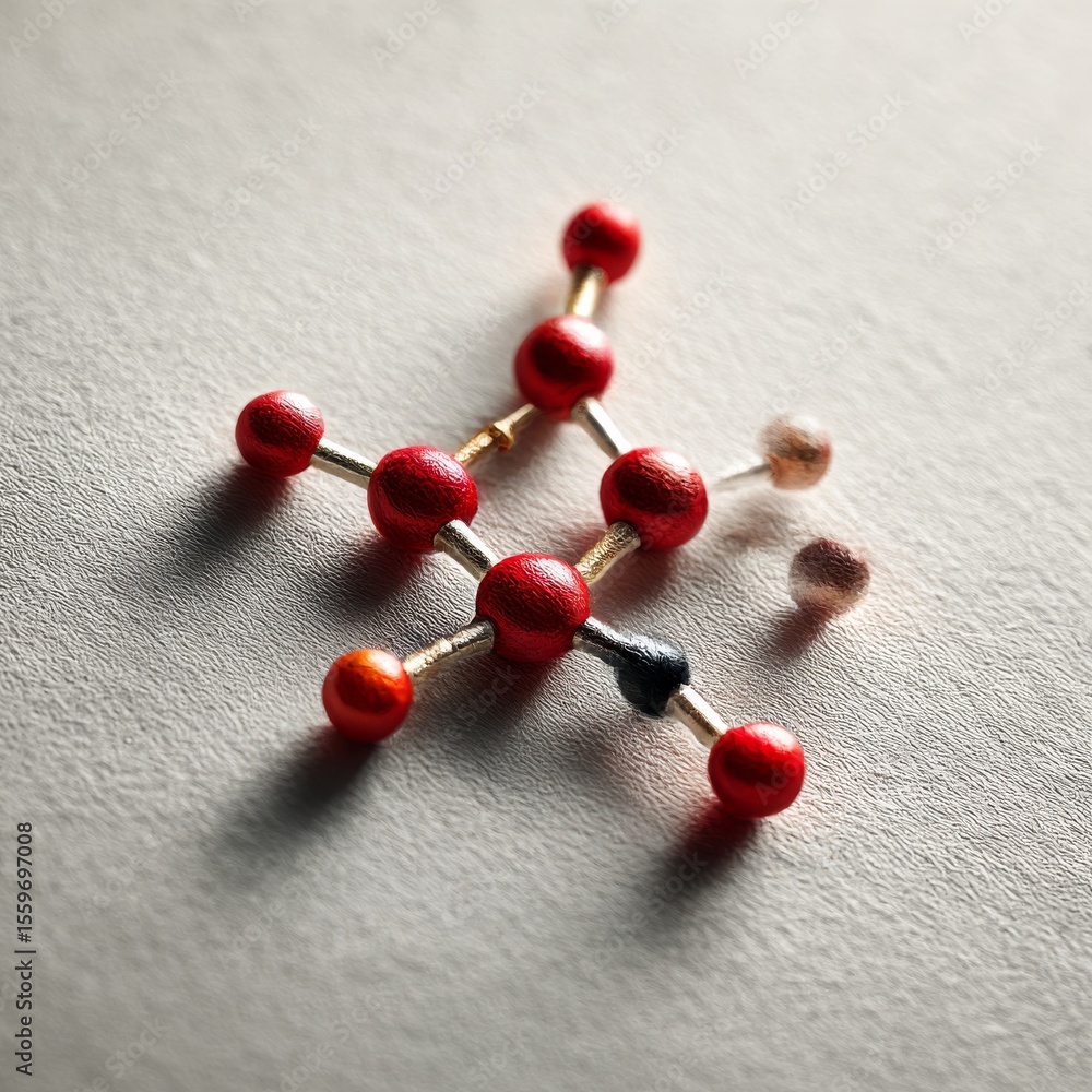 Poster molecular model on textured surface: a macro view of red and gold atoms and bonds in d space.