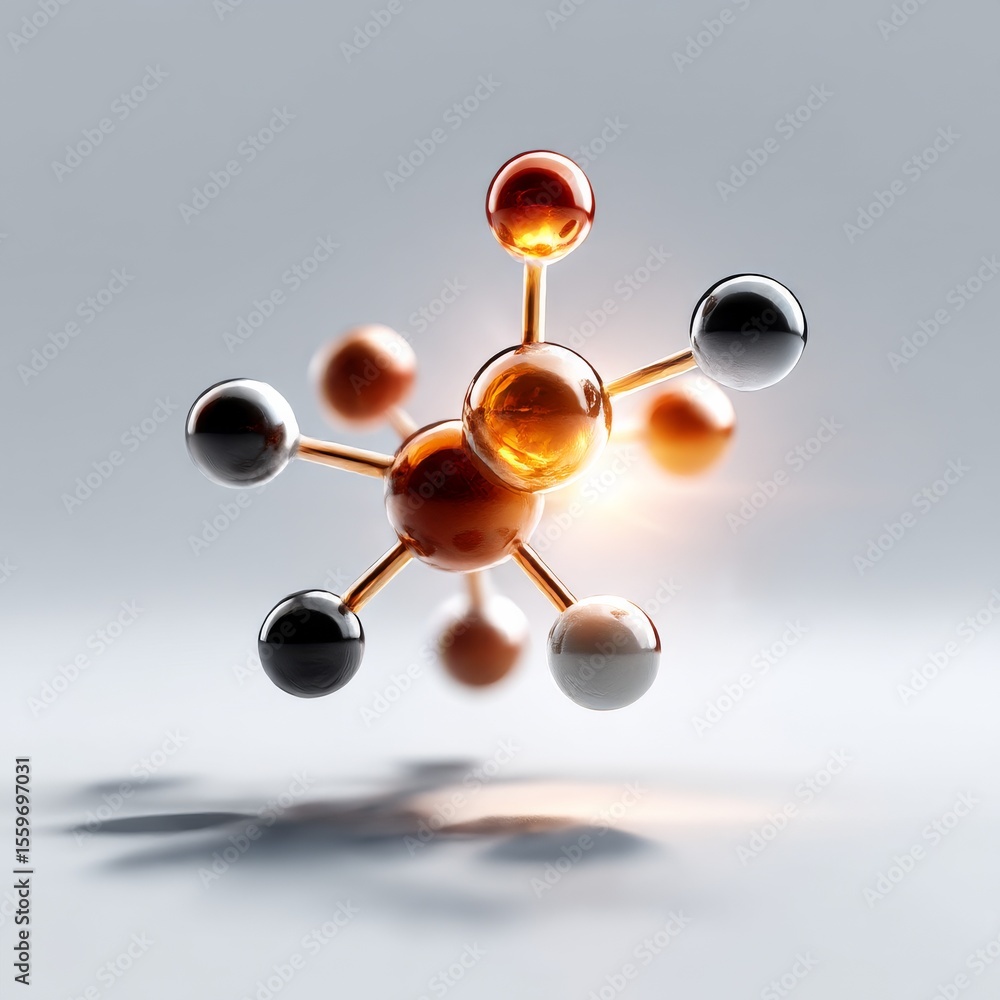 Aufkleber molecular structure: a golden and black atom model floating elegantly in a scientific display, casti
