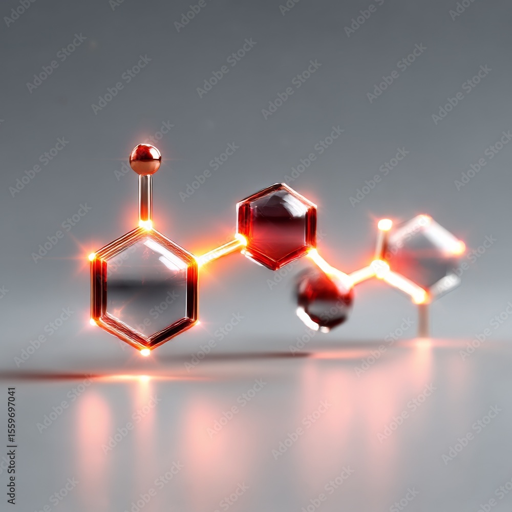 Poster Molecular Structure: Abstract Glass Hexagons with Luminous Red Connections, Modern Scientific Visualization