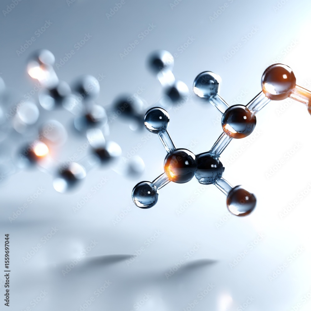 Poster Molecular Structure: Glassy spheres linked together, highlighting science and microscopic views with vibrant reflections