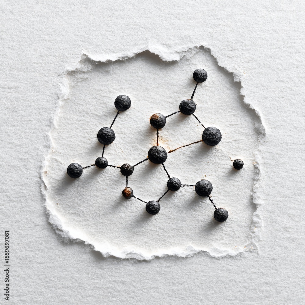 Poster molecular structure exposed: a network of black spheres connects through a tear in textured white pa