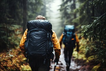 Fototapeta premium Hikers with Backpacks Trekking in Rainy Forest Nature Scene