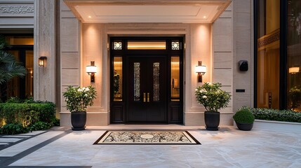 Fototapeta premium Elegant Entrance with Potted Plants and Warm Lighting