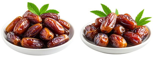 Plate of Fresh Medjool Dates with Green Leaves, Isolated PNG
