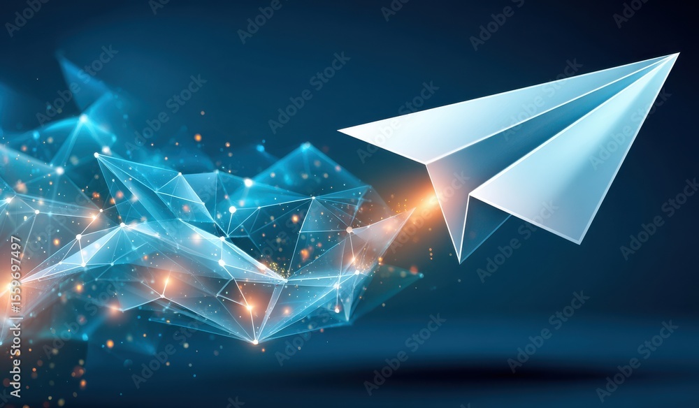 Poster abstract paper airplane with glowing connected network on a gradient background