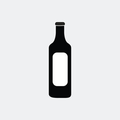 A simple black silhouette of a glass bottle with a blank white label against a light gray background silhouette