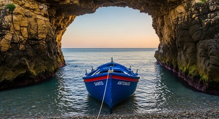 A blue boat named santo antonios nestled between rocky cliffs leading out to a calm ocean at sunset