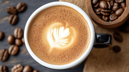 Obraz premium Overhead View Of Latte Art In Black Mug With Coffee Beans And Wooden Bowl On Dark Surface
