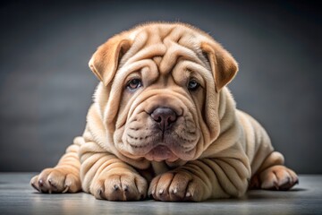 An adorable brown sharpei puppy sits calmly, its endearing wrinkles and big eyes captivating the viewer against a gray background