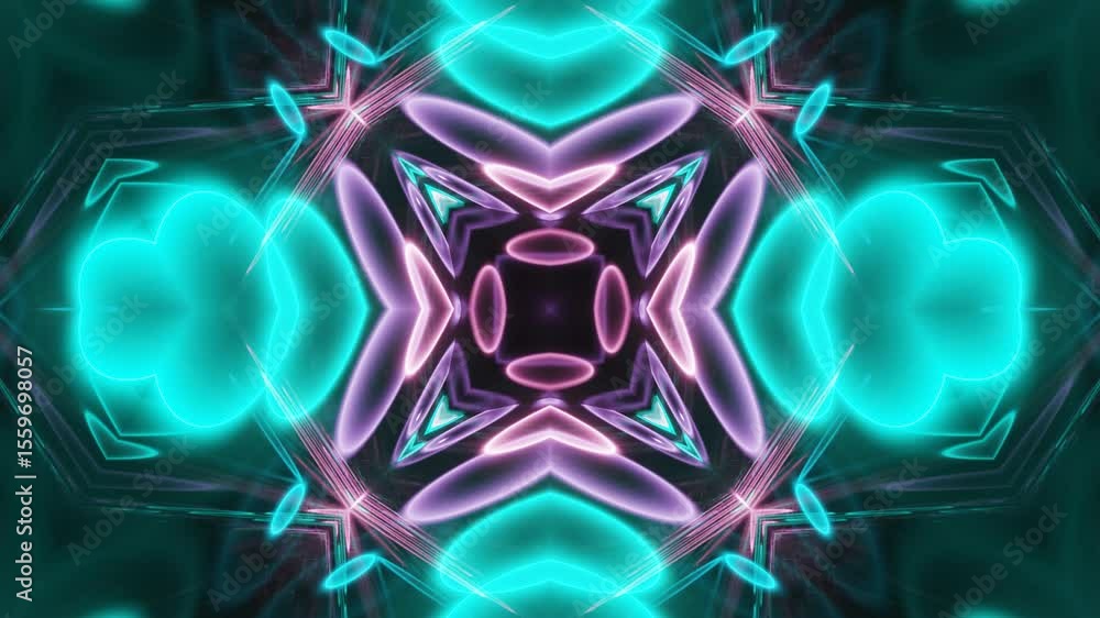 Poster dynamic neon kaleidoscope lines loop on black background. seamless loop animation of neon lines crea