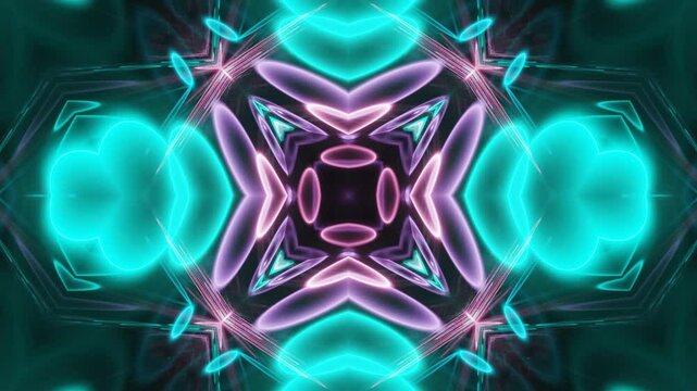 Dynamic Neon Kaleidoscope Lines Loop on Black Background. Seamless loop animation of neon lines creating symmetrical kaleidoscopic visuals