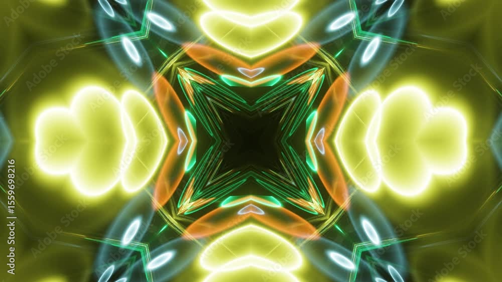 Poster seamless neon kaleidoscope animation with dark background. abstract glowing lines in kaleidoscopic g