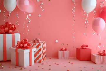 Playful celebration design with presents, streamers and balloons, vibrant pink mockup wall