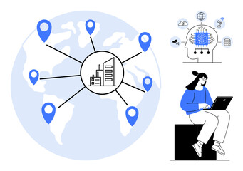 Fototapeta na wymiar World map with business hubs connected by pins, AI processor, and a professional working remotely on a laptop. Ideal for globalization, technology, communication, collaboration, AI, remote work