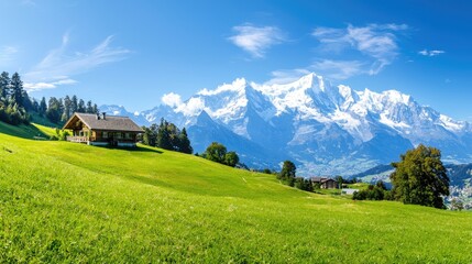 Scenic Mountain Landscape with Green Pastures and Blue Skies