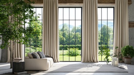 Bright and Spacious Living Room with Large Windows and Green View