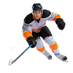 Forward skating aggressively with puck, low body angle, ice shavings mid-air, isolated PNG style