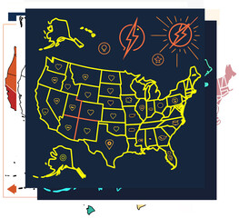 Obraz premium United States Map Highlighting Kentucky with Infographic Icons – Editable Vector Set, Vector illustration of the USA map featuring Kentucky in focus with infographic-style icons for data, stats, and v